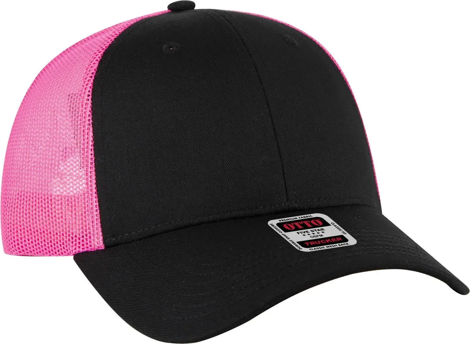 Otto 83-473 6 Panel Low Profile Mesh Back Trucker Cap - Blk/blk/n.pnk - 1/2’’ - 7 5/8’’