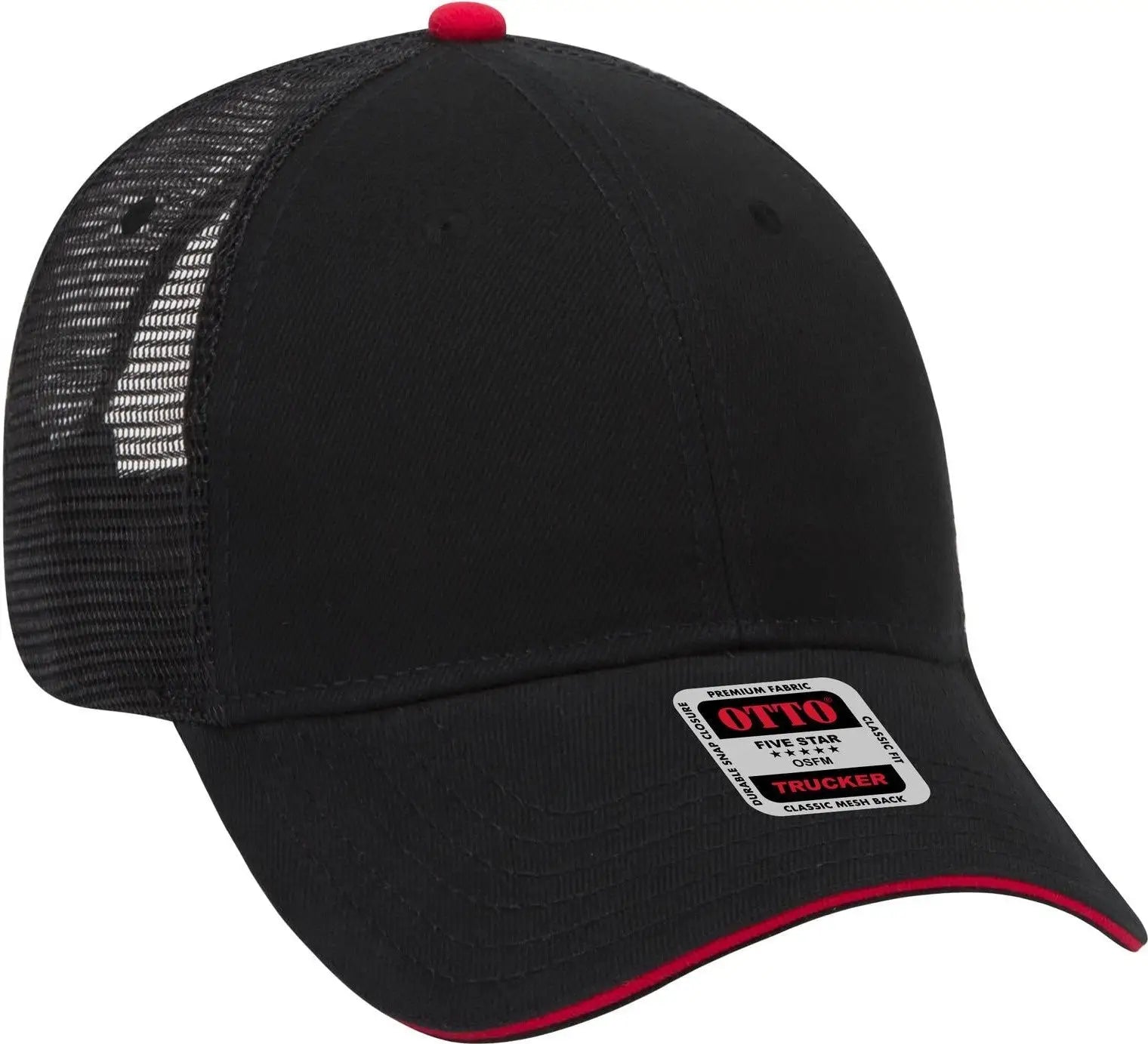 Otto 84-482 6 Panel Low Profile Mesh Back Trucker Cap - Blk/blk/red - 1/2’’ - 7 5/8’’