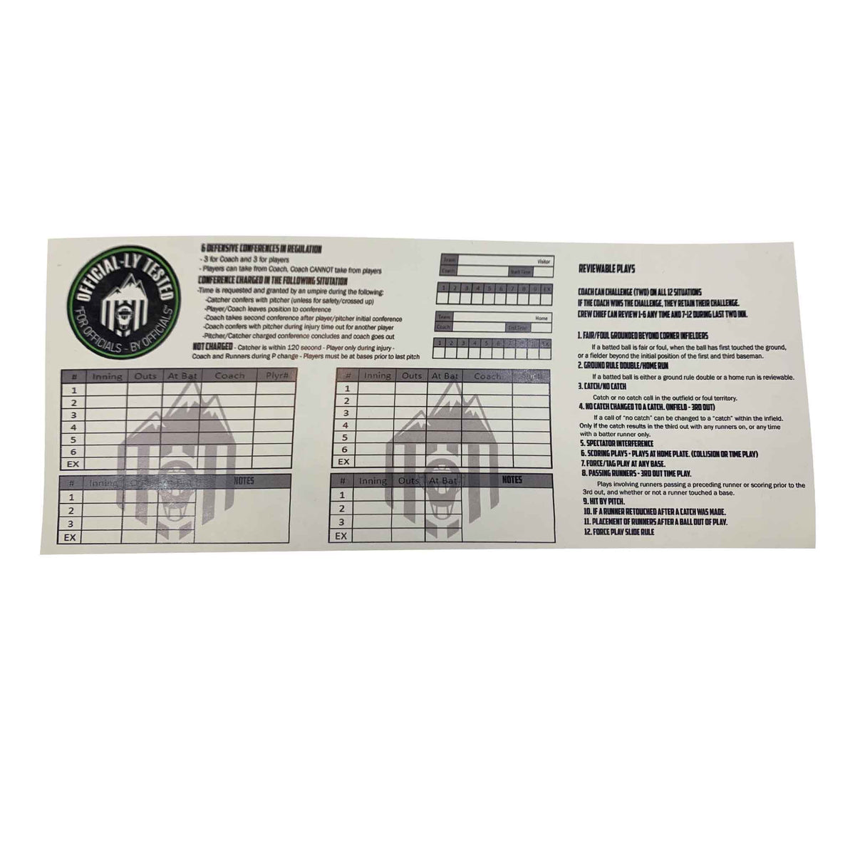 Out West Officials Game Card Tracker and Reference Guide - 10 Cards