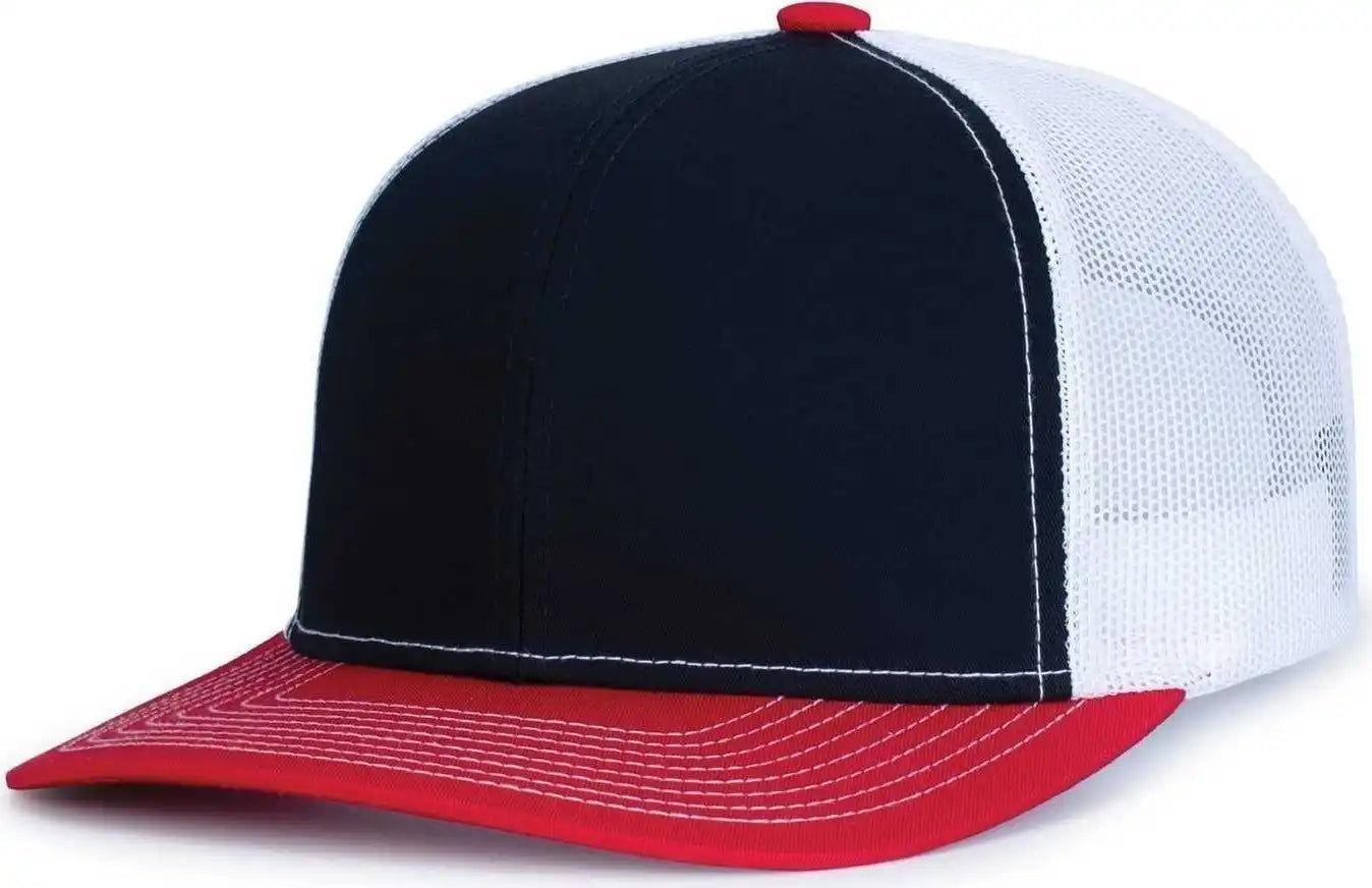 Pacific Headwear 104s Contrast Stitch Trucker Snapback - Navy White Red - 7’’ 7 7/8’’