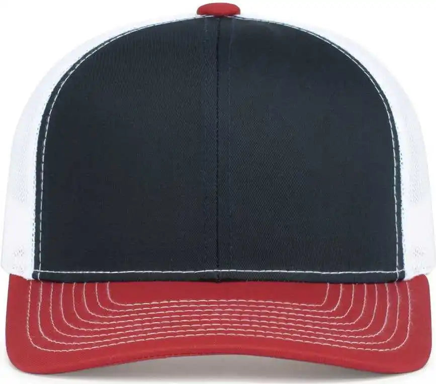 Pacific Headwear 104s Contrast Stitch Trucker Snapback - Navy White Red - 7’’ 7 7/8’’