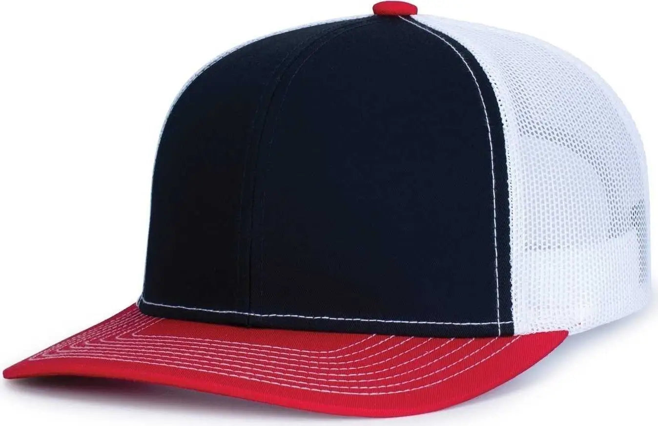 Pacific Headwear 104s Contrast Stitch Trucker Snapback - Navy White Red - 7’’ 7 7/8’’