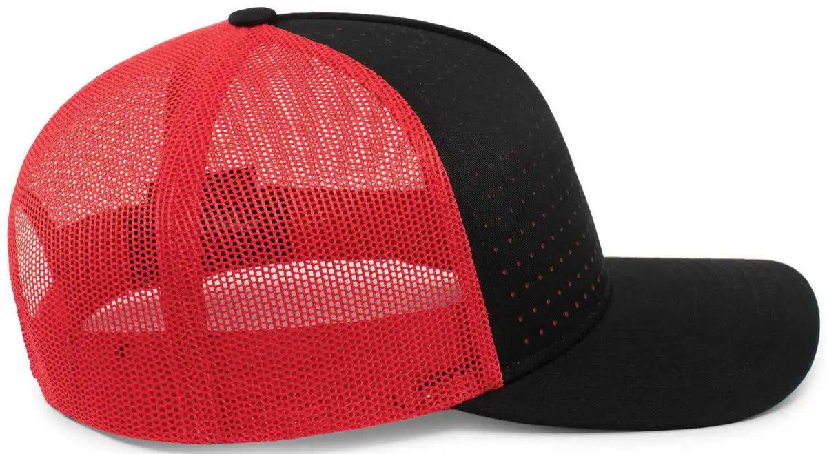 Pacific Headwear 105p Perforated 5 Panel Trucker Snapback Cap Black Red / 7’’ 7 7/8’’