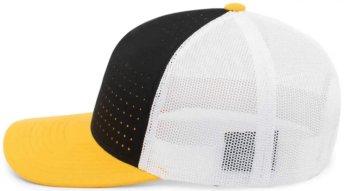 Pacific Headwear 105p Perforated 5 Panel Trucker Snapback Cap - Black White Gold - 7’’ 7 7/8’’