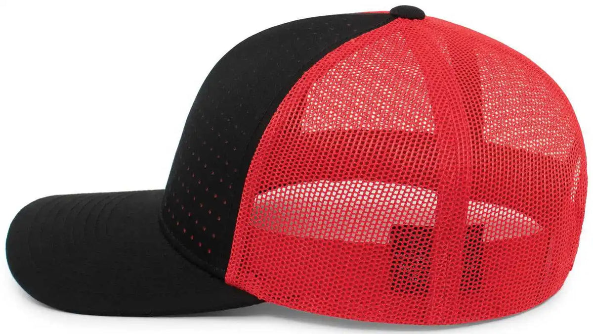 Pacific Headwear 105p Perforated 5 Panel Trucker Snapback Cap Black Red / 7’’ 7 7/8’’