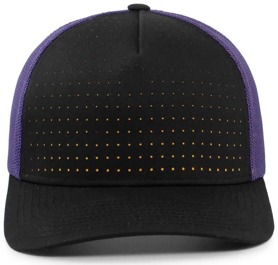 Pacific Headwear 105p Perforated 5 Panel Trucker Snapback Cap - Black Purple Gold - 7’’ 7 7/8’’