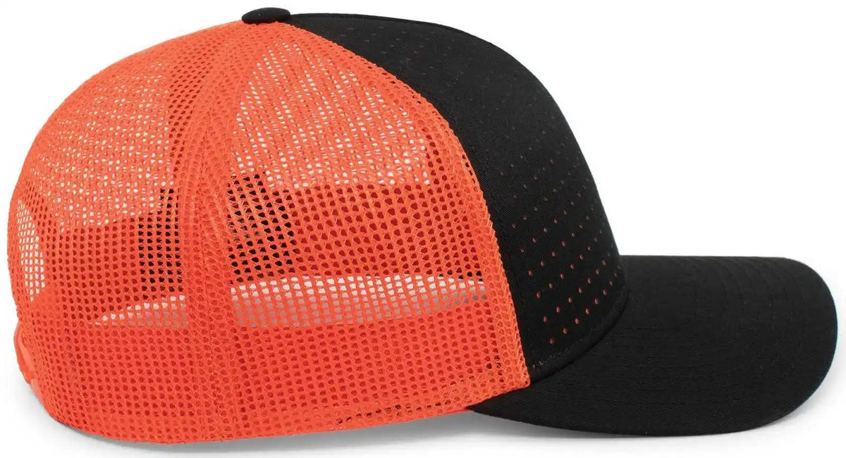 Pacific Headwear 105p Perforated 5 Panel Trucker Snapback Cap - Black Orange - 7’’ 7 7/8’’