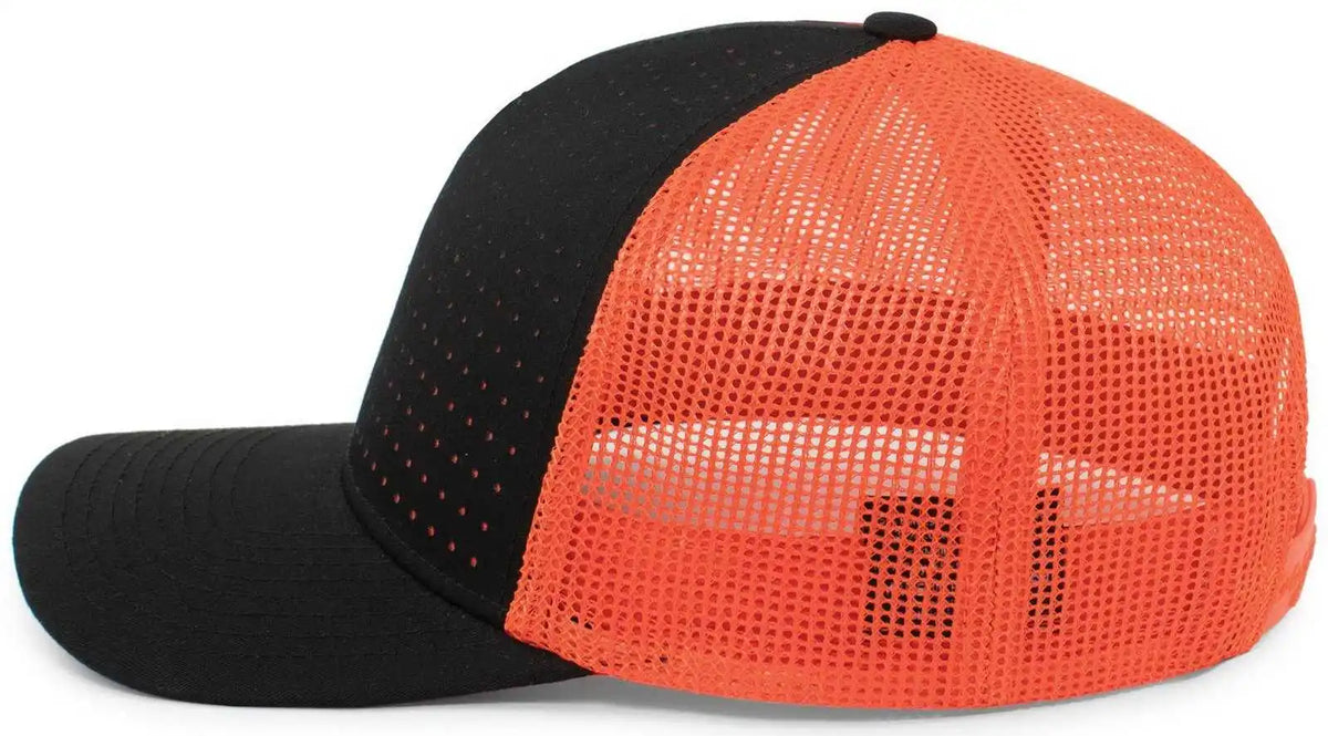 Pacific Headwear 105p Perforated 5 Panel Trucker Snapback Cap - Black Orange - 7’’ 7 7/8’’