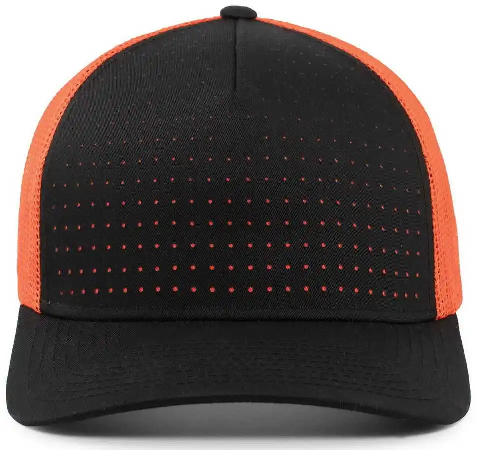 Pacific Headwear 105p Perforated 5 Panel Trucker Snapback Cap - Black Orange - 7’’ 7 7/8’’