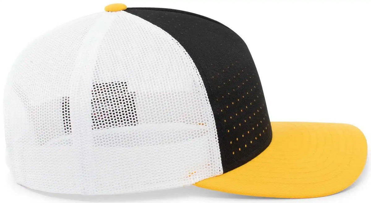 Pacific Headwear 105p Perforated 5 Panel Trucker Snapback Cap - Black White Gold - 7’’ 7 7/8’’
