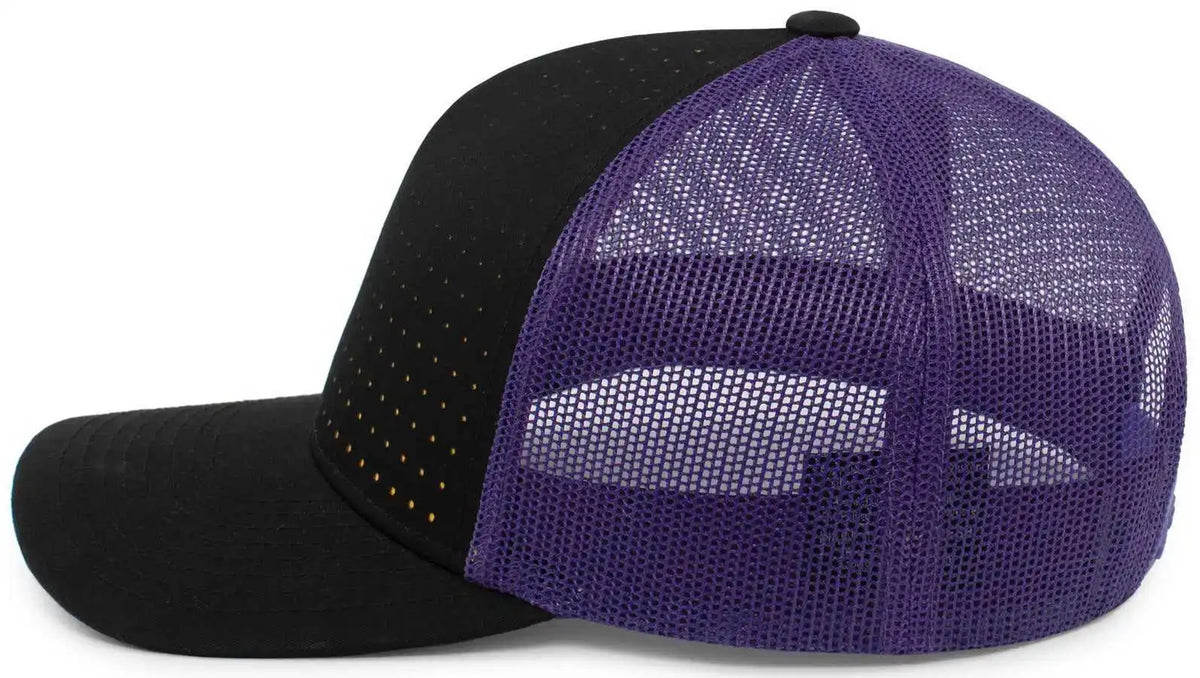 Pacific Headwear 105p Perforated 5 Panel Trucker Snapback Cap - Black Purple Gold - 7’’ 7 7/8’’