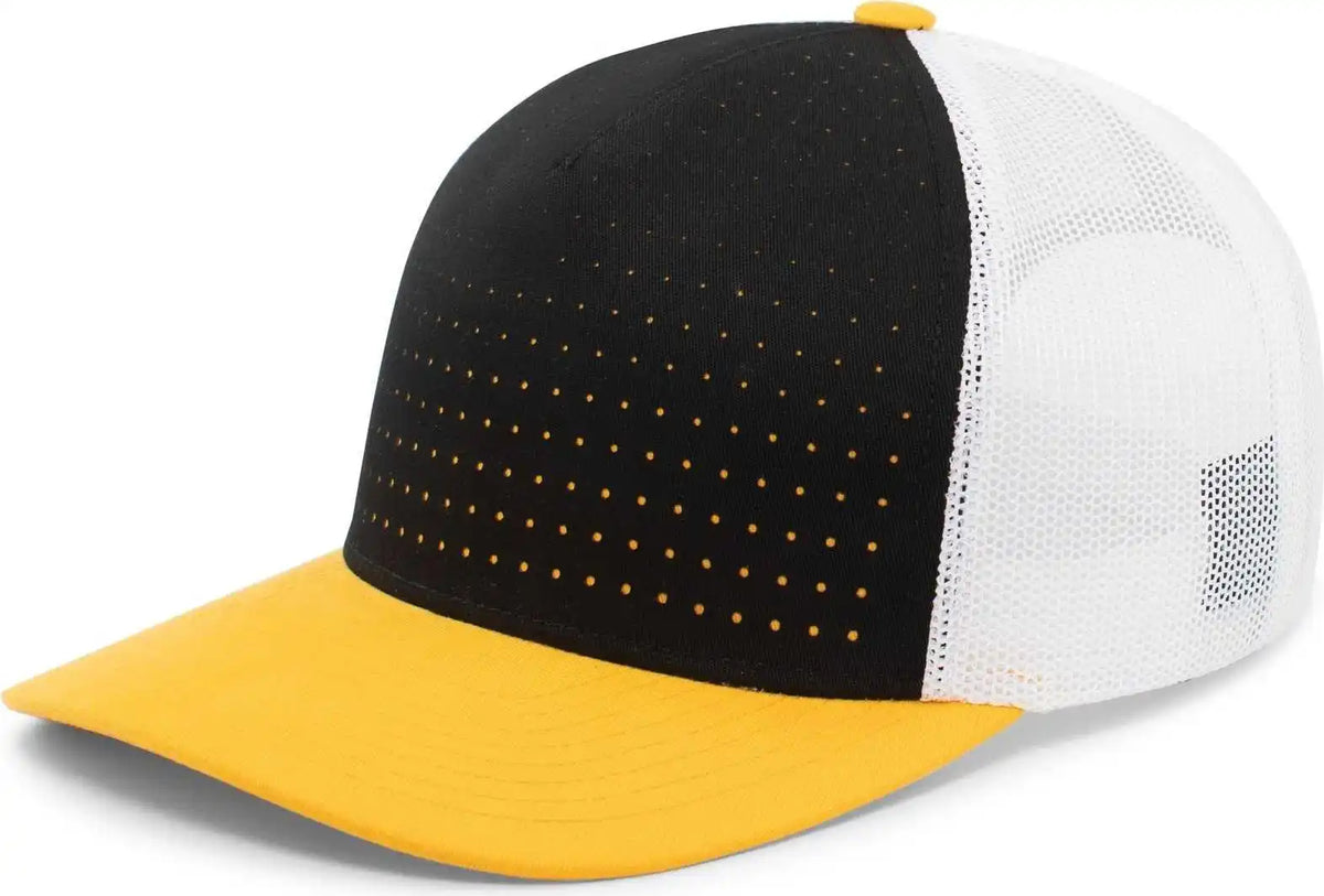 Pacific Headwear 105p Perforated 5 Panel Trucker Snapback Cap - Black White Gold - 7’’ 7 7/8’’