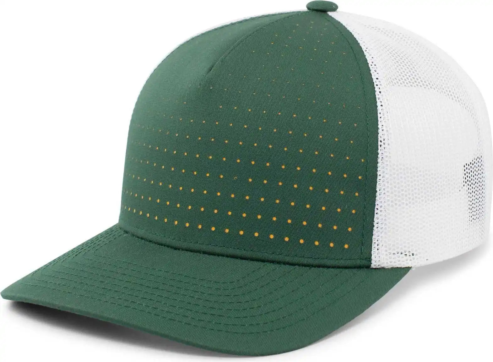 Pacific Headwear 105p Perforated 5 Panel Trucker Snapback Cap - Dark Green White Gold - Forest / 7’’ 7 7/8’’