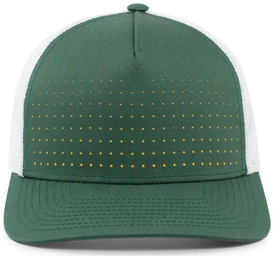 Pacific Headwear 105p Perforated 5 Panel Trucker Snapback Cap - Dark Green White Gold - Forest / 7’’ 7 7/8’’