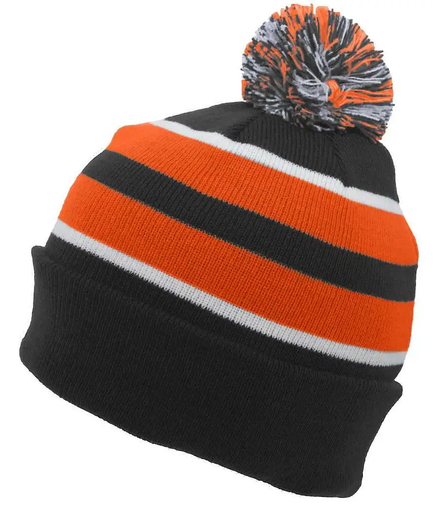 Pacific Headwear 641k Knit Fold Over Pom-pom Beanie - B52a - Black Orange White / 7’’ - 7 7/8’’