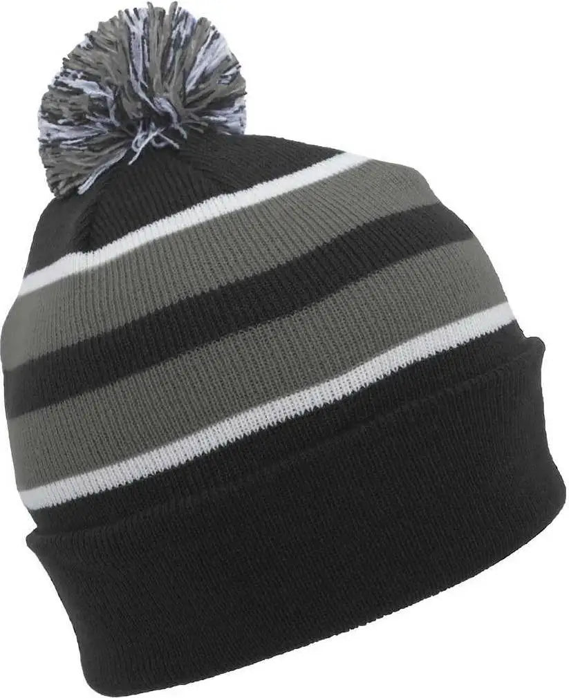 Pacific Headwear 641k Knit Fold Over Pom-pom Beanie - Black Graphite White - 7’’ - 7 7/8’’