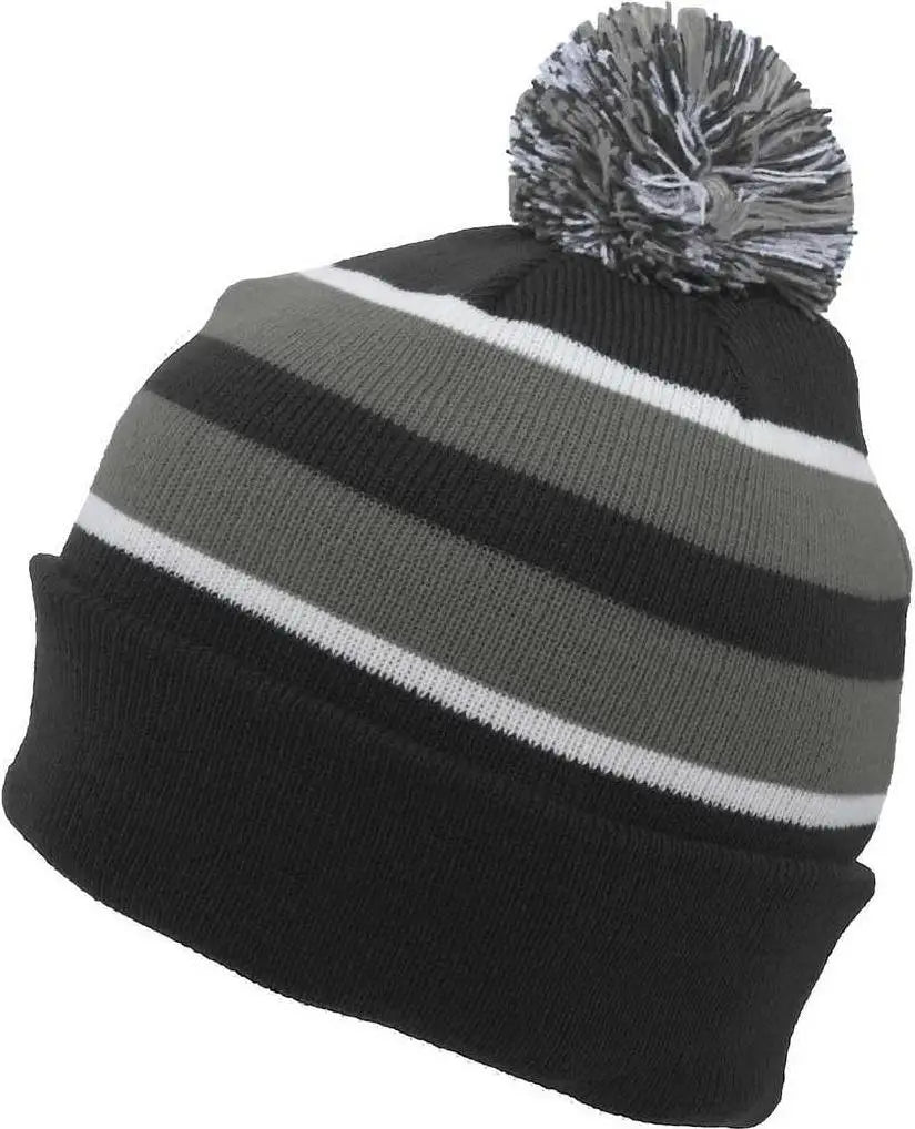 Pacific Headwear 641k Knit Fold Over Pom-pom Beanie - Black Graphite White - 7’’ - 7 7/8’’