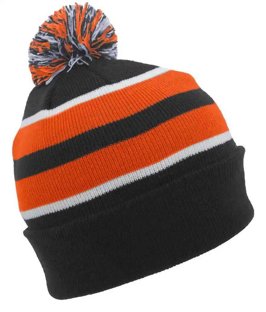 Pacific Headwear 641k Knit Fold Over Pom Beanie B52a Black Orange White / 7’’ 7 7/8’’