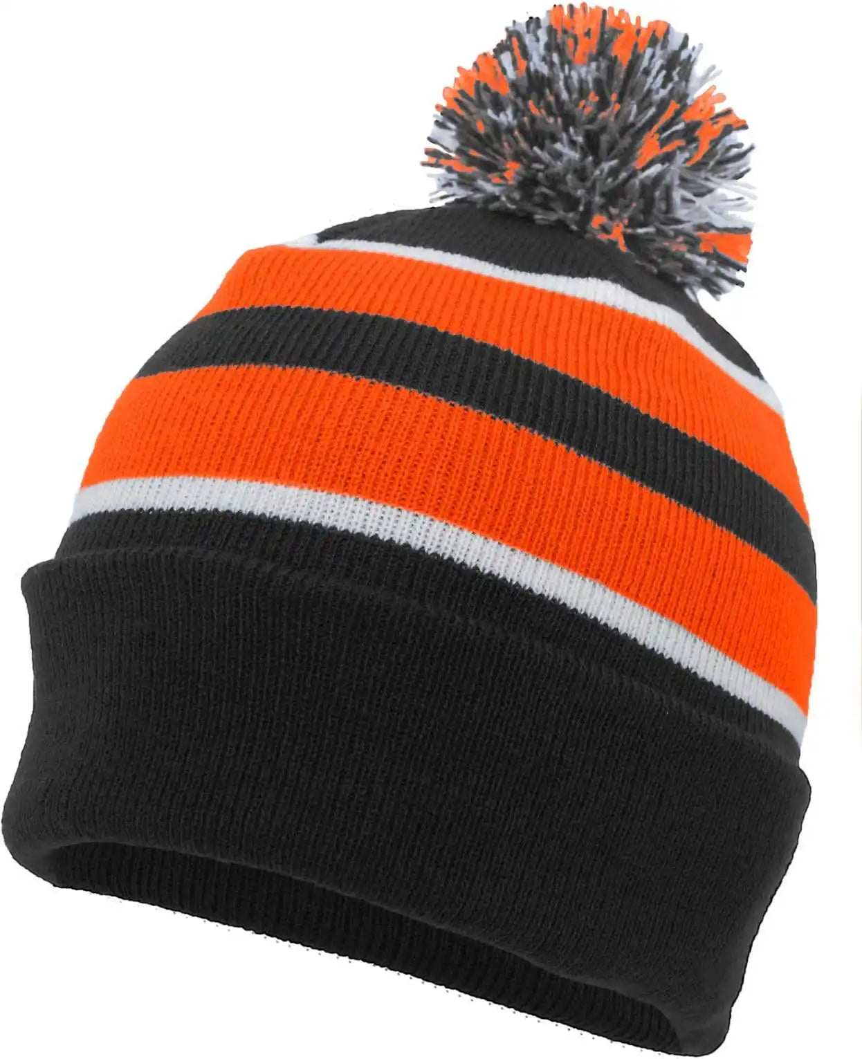 Pacific Headwear 641k Knit Fold Over Pom-pom Beanie - B52a - Black Orange White / 7’’ - 7 7/8’’