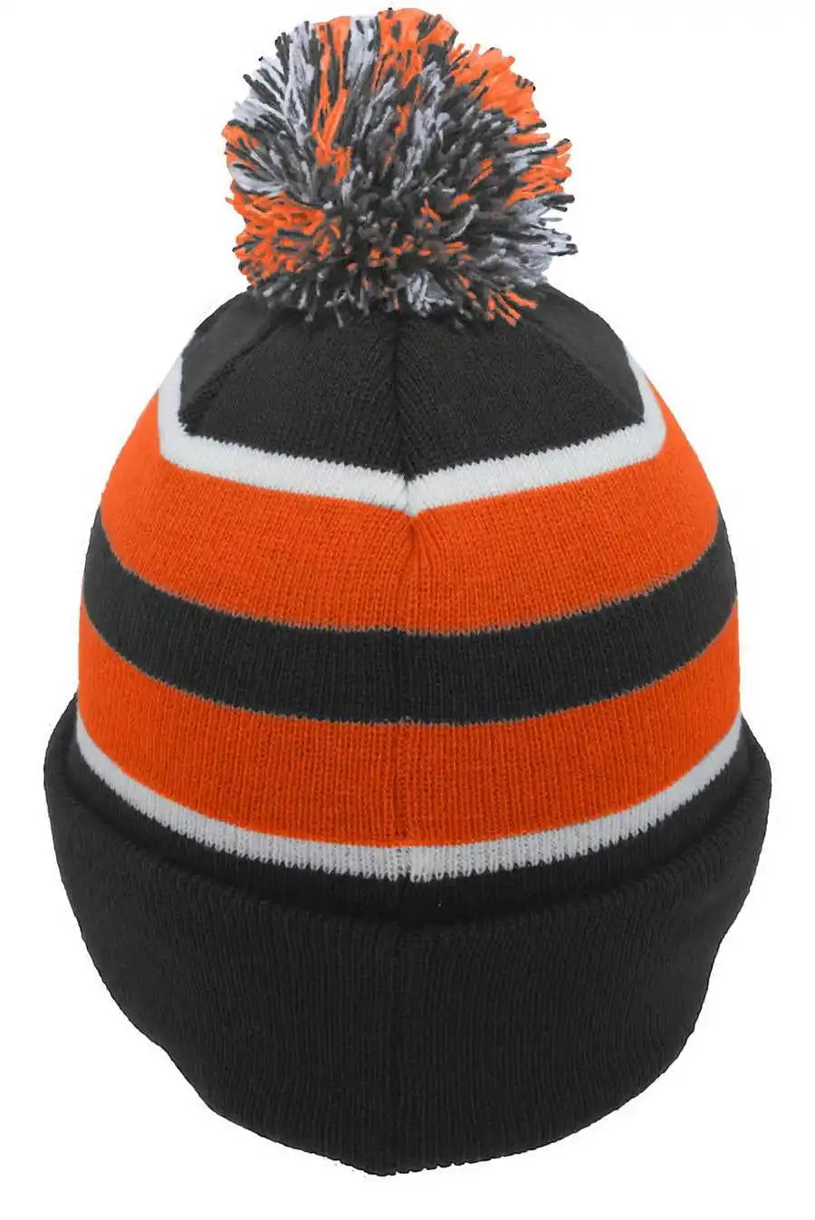 Pacific Headwear 641k Knit Fold Over Pom Beanie B52a Black Orange White / 7’’ 7 7/8’’