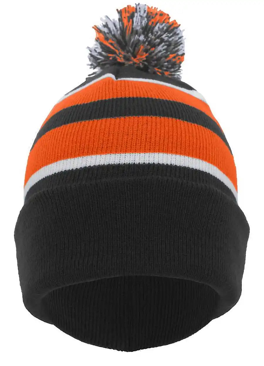 Pacific Headwear 641k Knit Fold Over Pom-pom Beanie - B52a - Black Orange White / 7’’ - 7 7/8’’