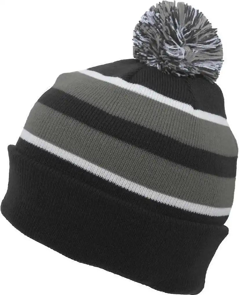 Pacific Headwear 641k Knit Fold Over Pom-pom Beanie - Black Graphite White - 7’’ - 7 7/8’’