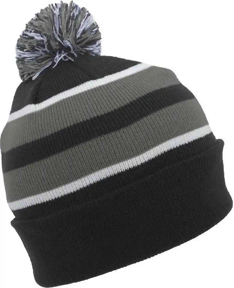 Pacific Headwear 641k Knit Fold Over Pom-pom Beanie - Black Graphite White - 7’’ - 7 7/8’’