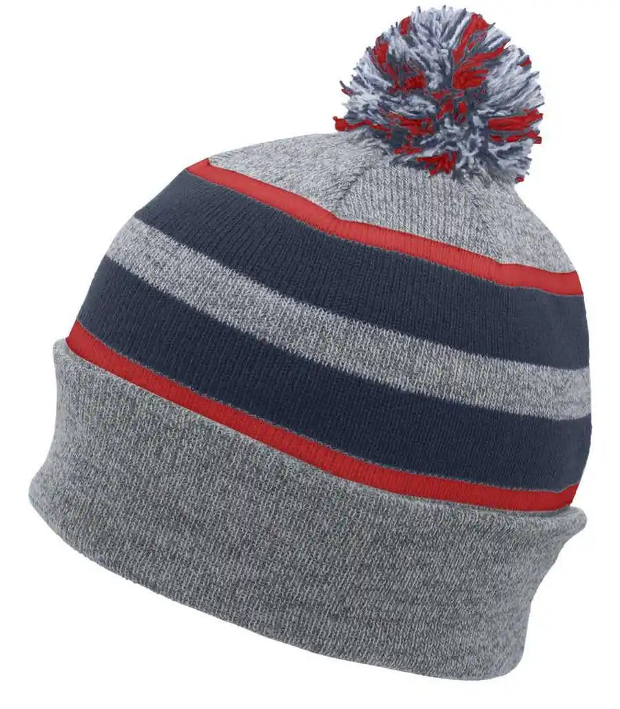 Pacific Headwear 641k Knit Fold Over Pom Beanie Heather Navy Red / 7’’ 7 7/8’’