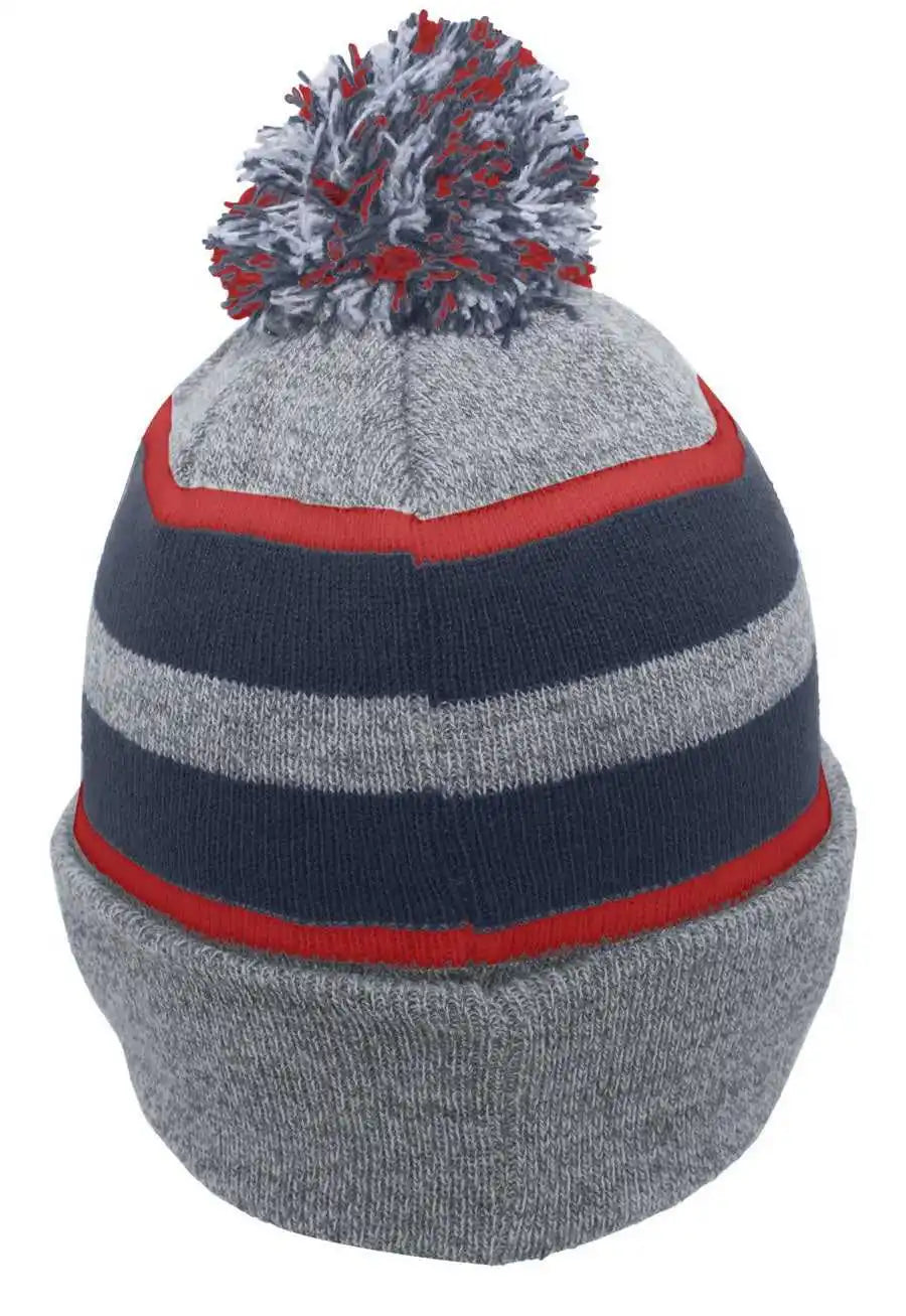 Pacific Headwear 641k Knit Fold Over Pom Beanie Heather Navy Red / 7’’ 7 7/8’’