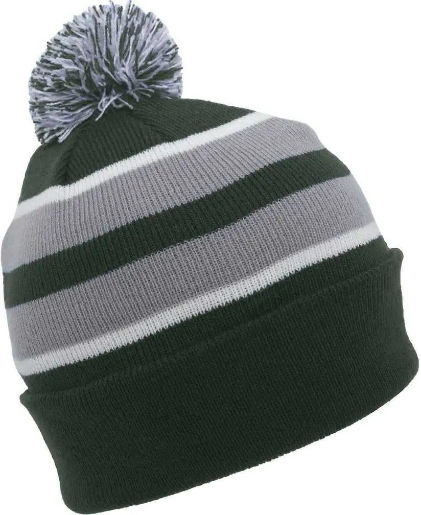 Pacific Headwear 641k Pom-pom Cuff Beanie - Dark Green Silver White - Forest Light Gray / 7’’ - 7 7/8’’
