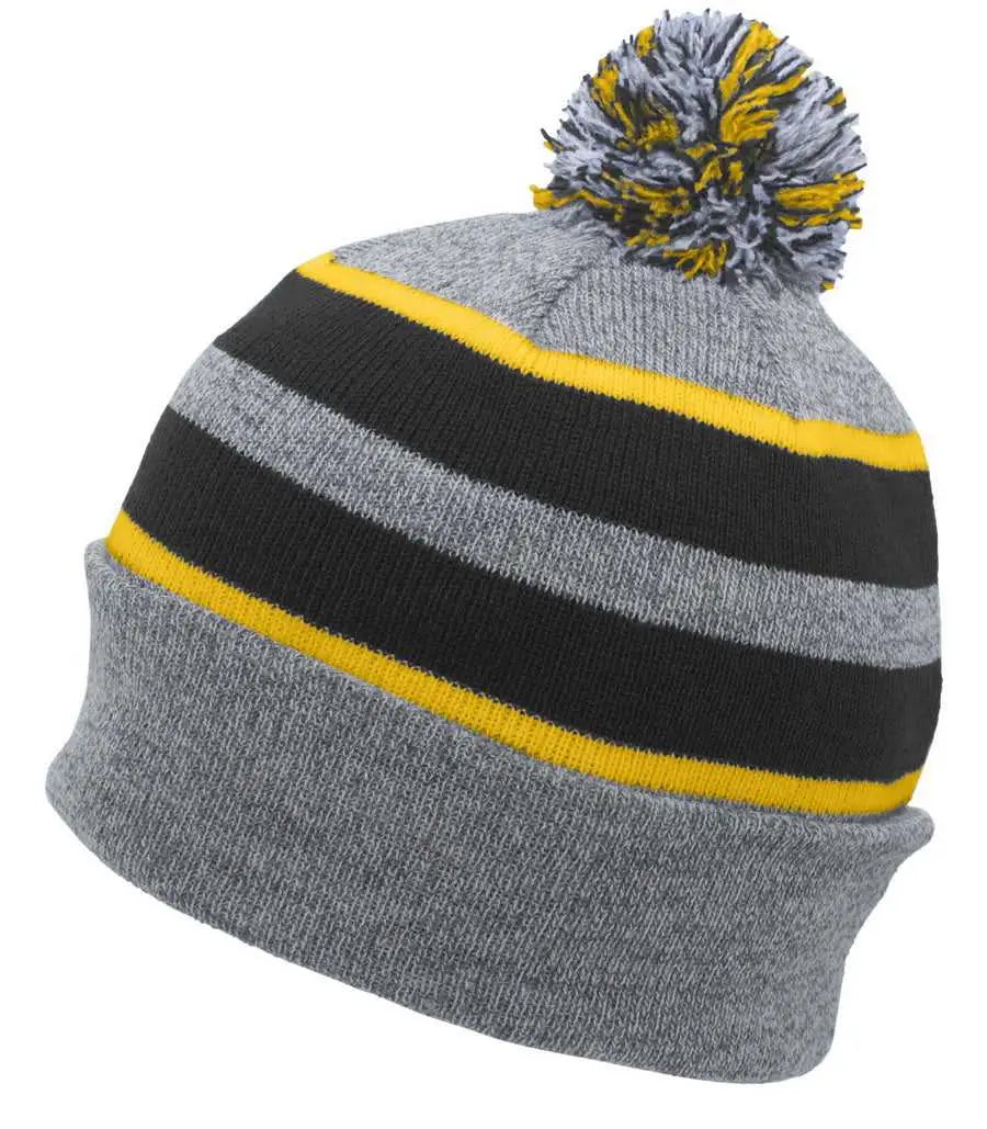 Pacific Headwear 641k Pom-pom Cuff Beanie - Heather Gray Black Gold - 7’’ - 7 7/8’’