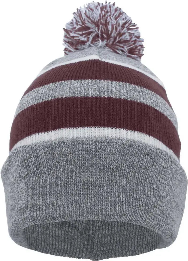 Pacific Headwear 641k Pom-pom Cuff Beanie - Heather Gray Maroon White - 7’’ - 7 7/8’’