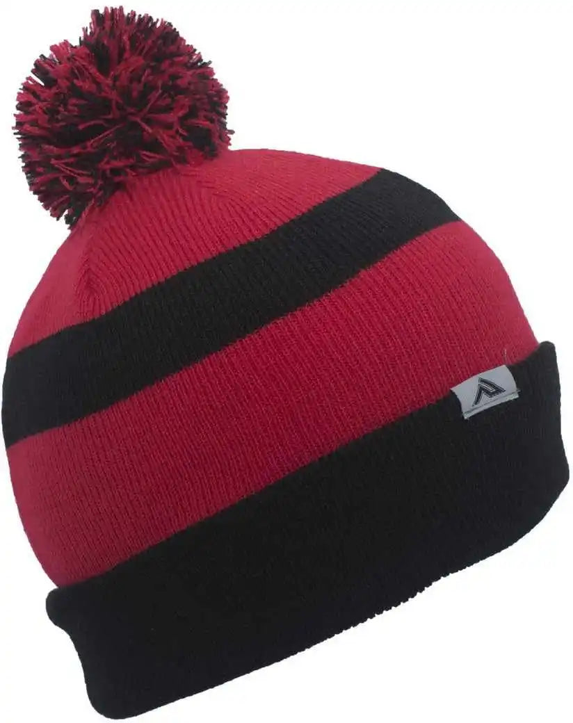 Pacific Headwear 641k Pom Cuff Beanie Black Red / 7’’ 7 7/8’’