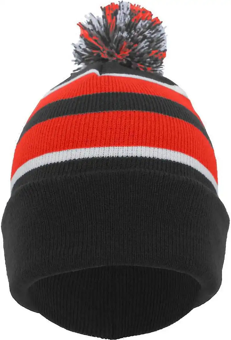 Pacific Headwear 641k Pom Cuff Beanie Black Red White / 7’’ 7 7/8’’