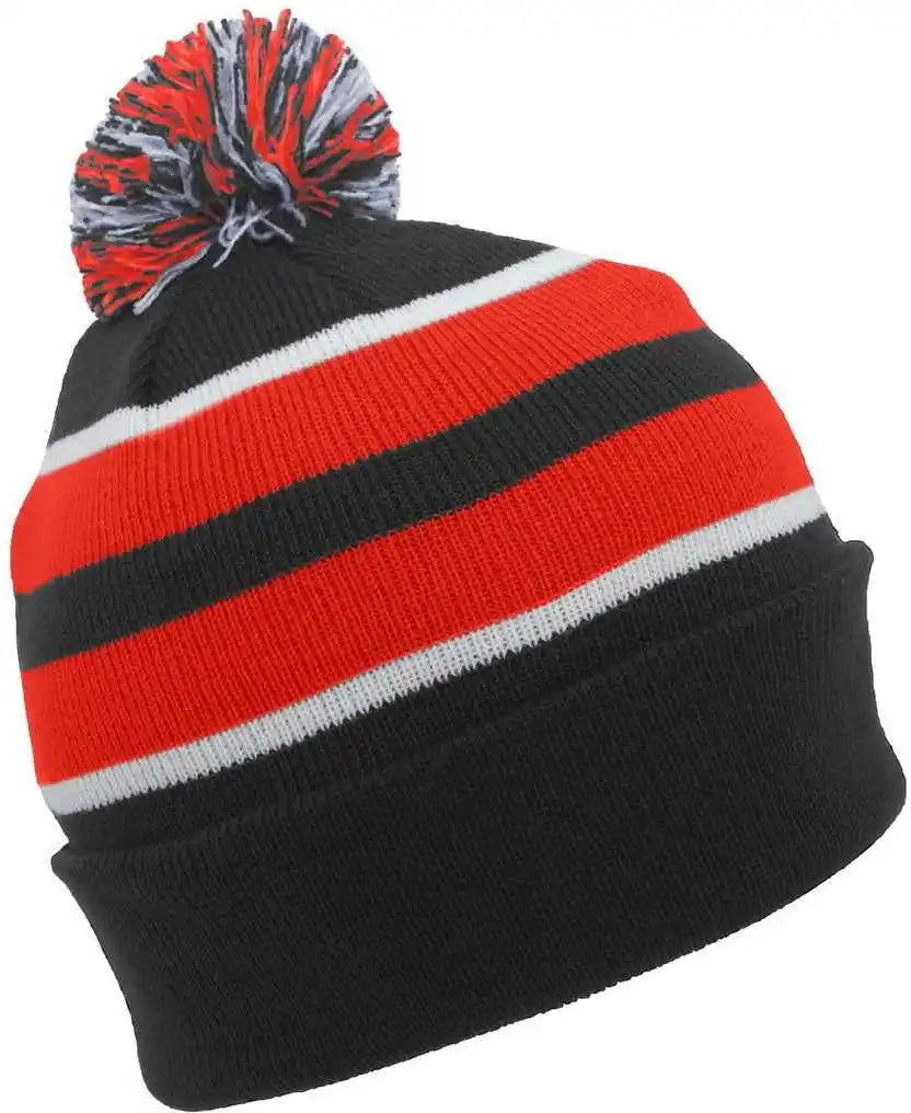 Pacific Headwear 641k Pom Cuff Beanie Black Red White / 7’’ 7 7/8’’