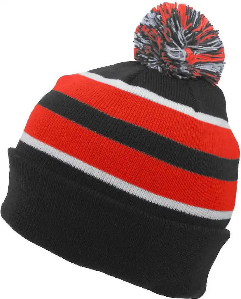 Pacific Headwear 641k Pom Cuff Beanie Black Red White / 7’’ 7 7/8’’