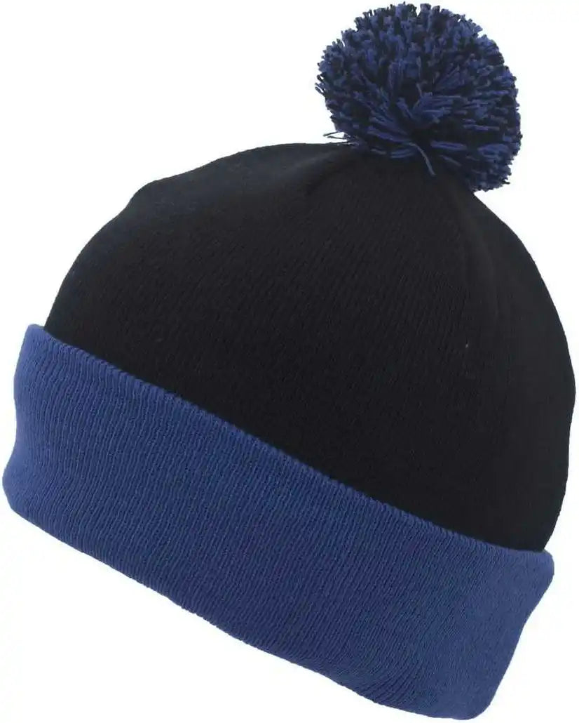 Pacific Headwear 641k Pom Cuff Beanie Black Royal / 7’’ 7 7/8’’
