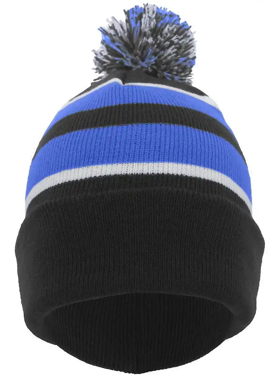 Pacific Headwear 641k Pom Cuff Beanie Black Royal White / 7’’ 7 7/8’’