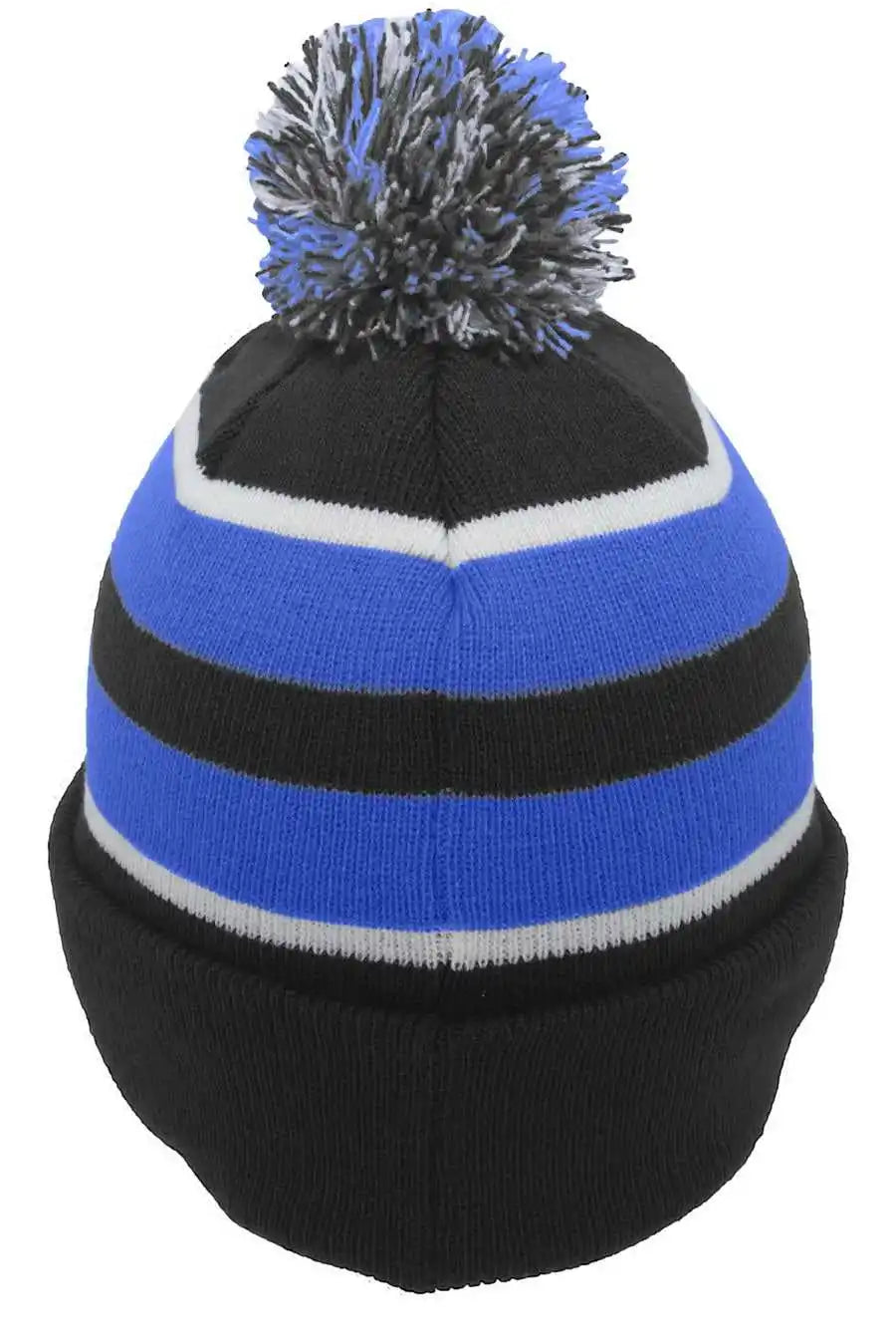 Pacific Headwear 641k Pom Cuff Beanie Black Royal White / 7’’ 7 7/8’’
