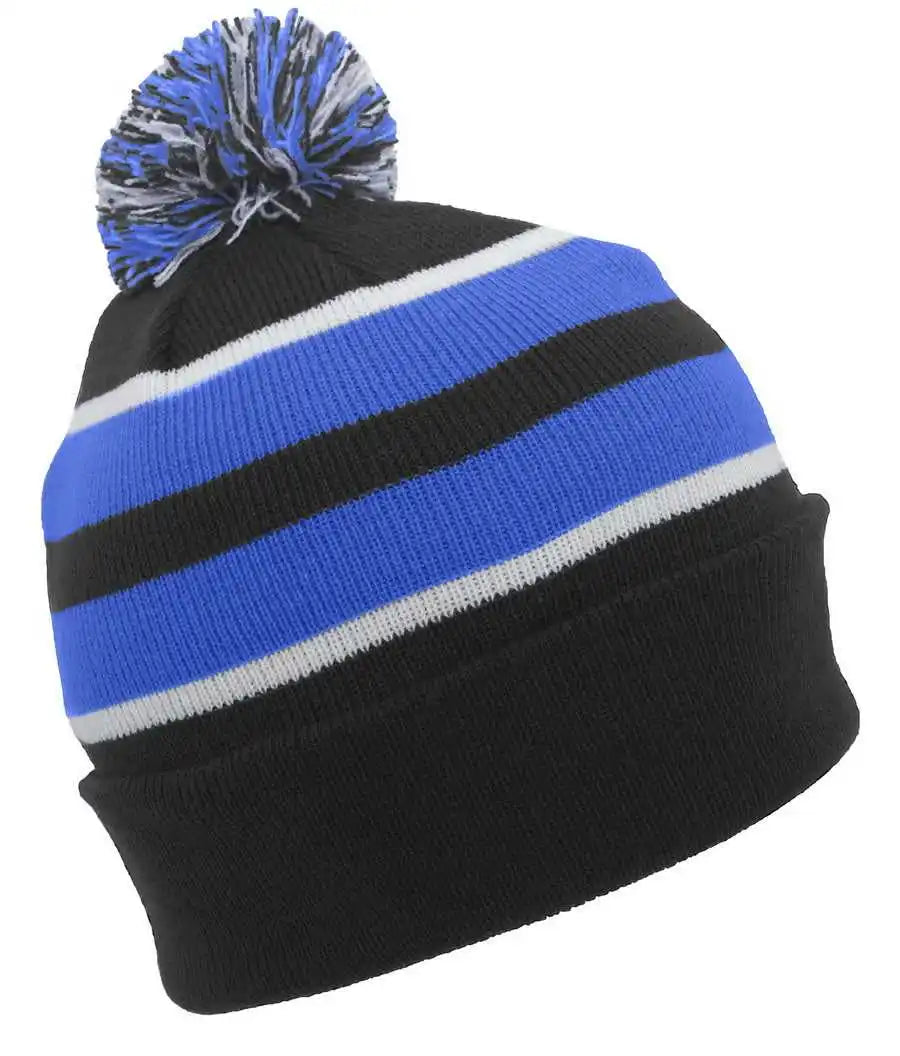 Pacific Headwear 641k Pom Cuff Beanie Black Royal White / 7’’ 7 7/8’’