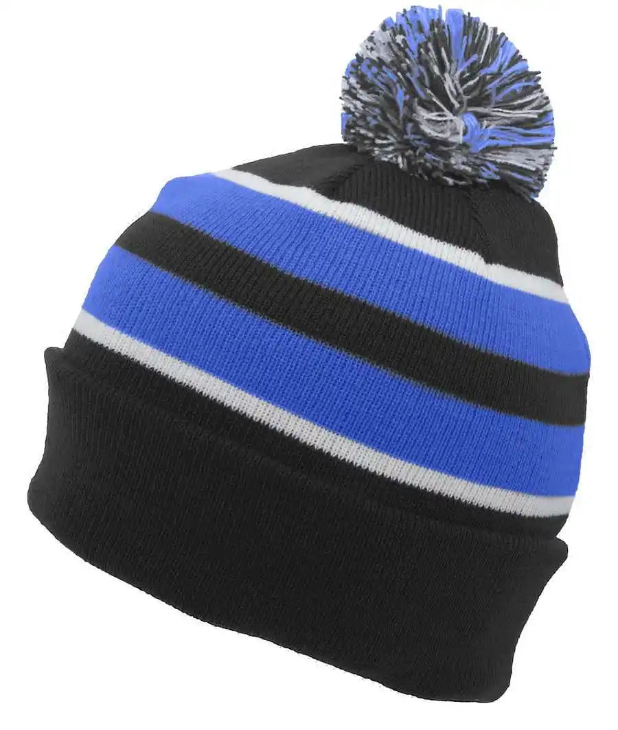 Pacific Headwear 641k Pom Cuff Beanie Black Royal White / 7’’ 7 7/8’’