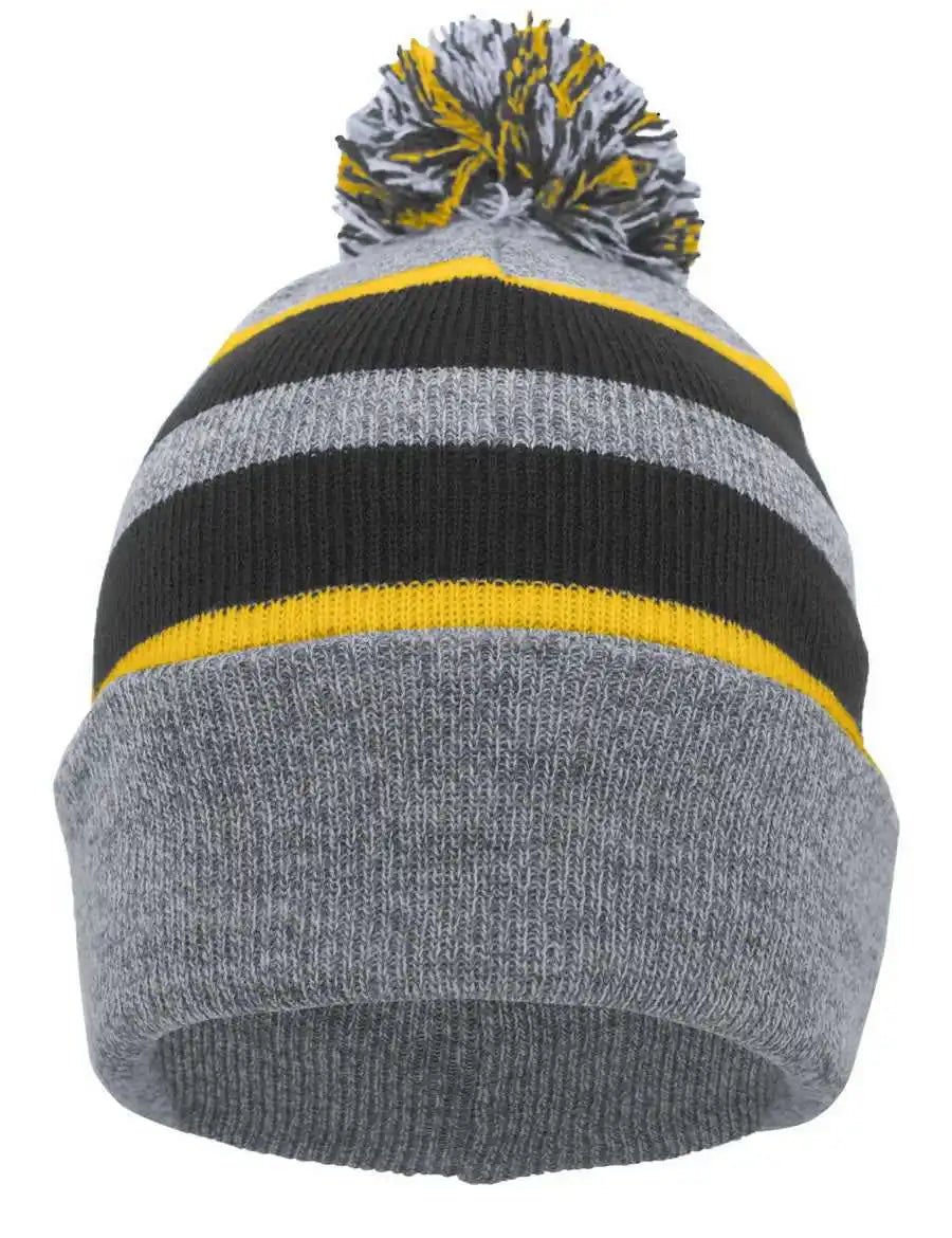Pacific Headwear 641k Pom-pom Cuff Beanie - Heather Gray Black Gold - 7’’ - 7 7/8’’