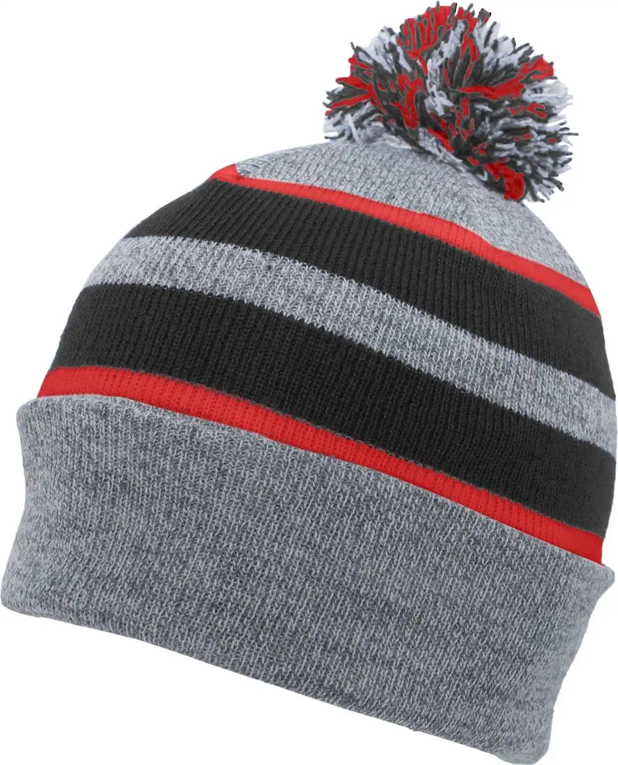 Pacific Headwear 641k Pom-pom Cuff Beanie - Heather Gray Black Red - 7’’ - 7 7/8’’