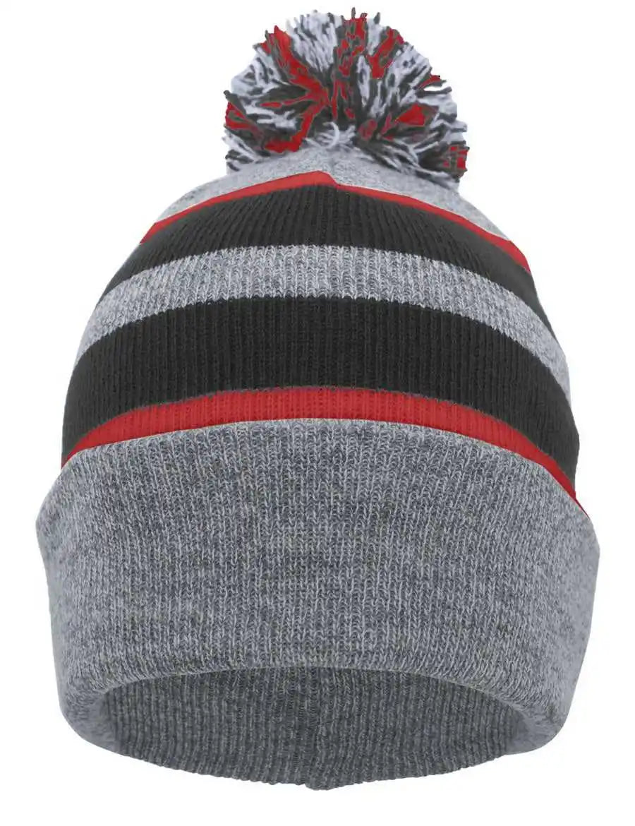 Pacific Headwear 641k Pom-pom Cuff Beanie - Heather Gray Black Red - 7’’ - 7 7/8’’