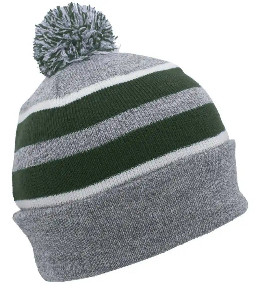Pacific Headwear 641k Pom-pom Cuff Beanie - Heather Gray Dark Green White - Forest / 7’’ - 7 7/8’’