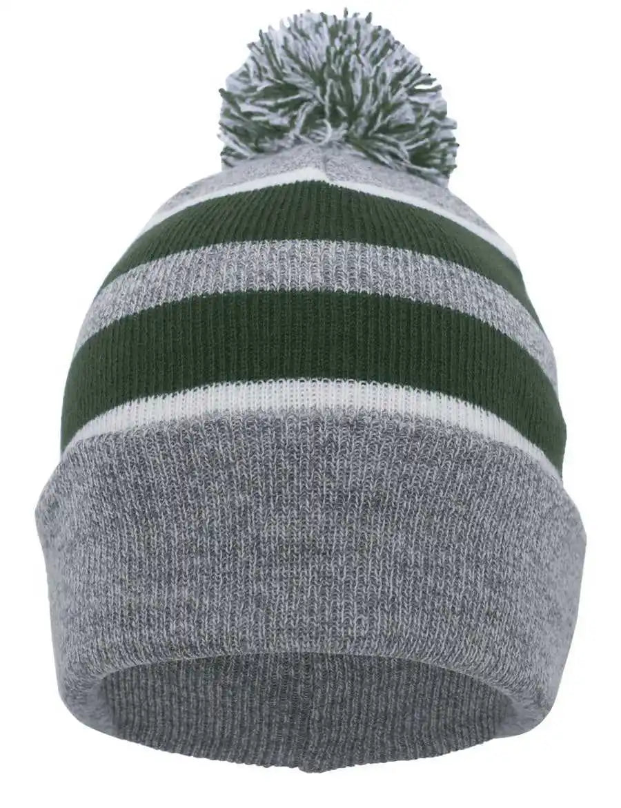 Pacific Headwear 641k Pom-pom Cuff Beanie - Heather Gray Dark Green White - Forest / 7’’ - 7 7/8’’