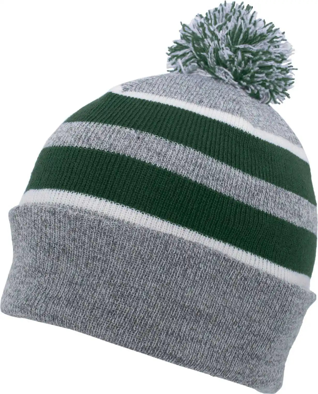Pacific Headwear 641k Pom-pom Cuff Beanie - Heather Gray Dark Green White - Forest / 7’’ - 7 7/8’’