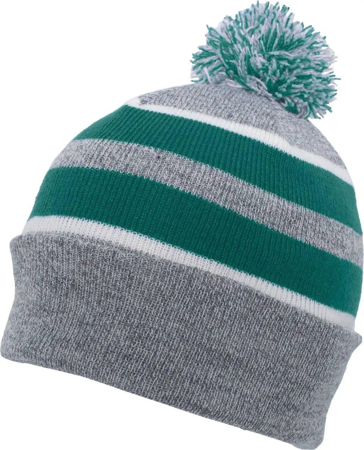 Pacific Headwear 641k Pom-pom Cuff Beanie - Heather Gray Kelly White - 7’’ - 7 7/8’’