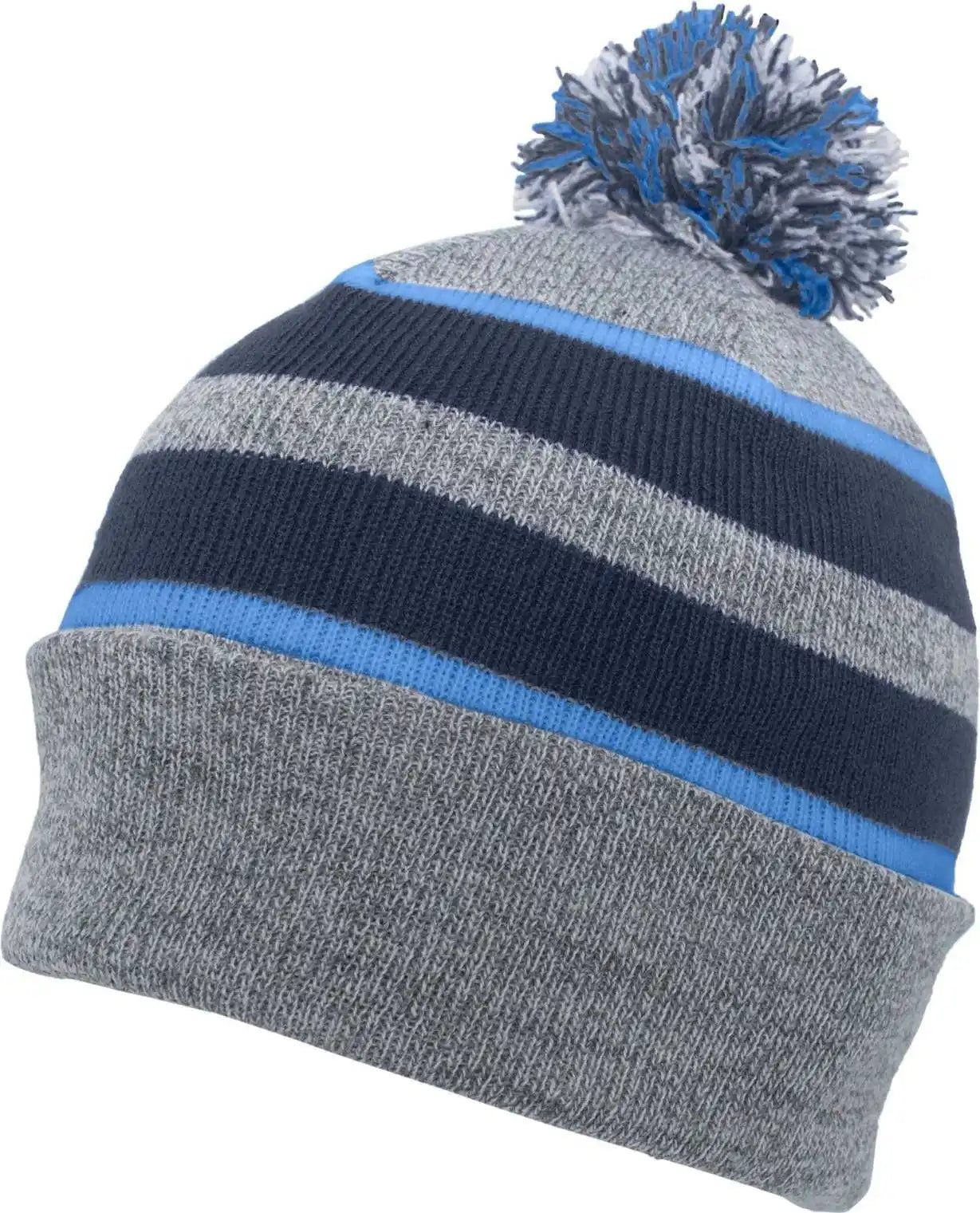 Pacific Headwear 641k Pom-pom Cuff Beanie - Heather Gray Navy Columbia Blue - 7’’ - 7 7/8’’
