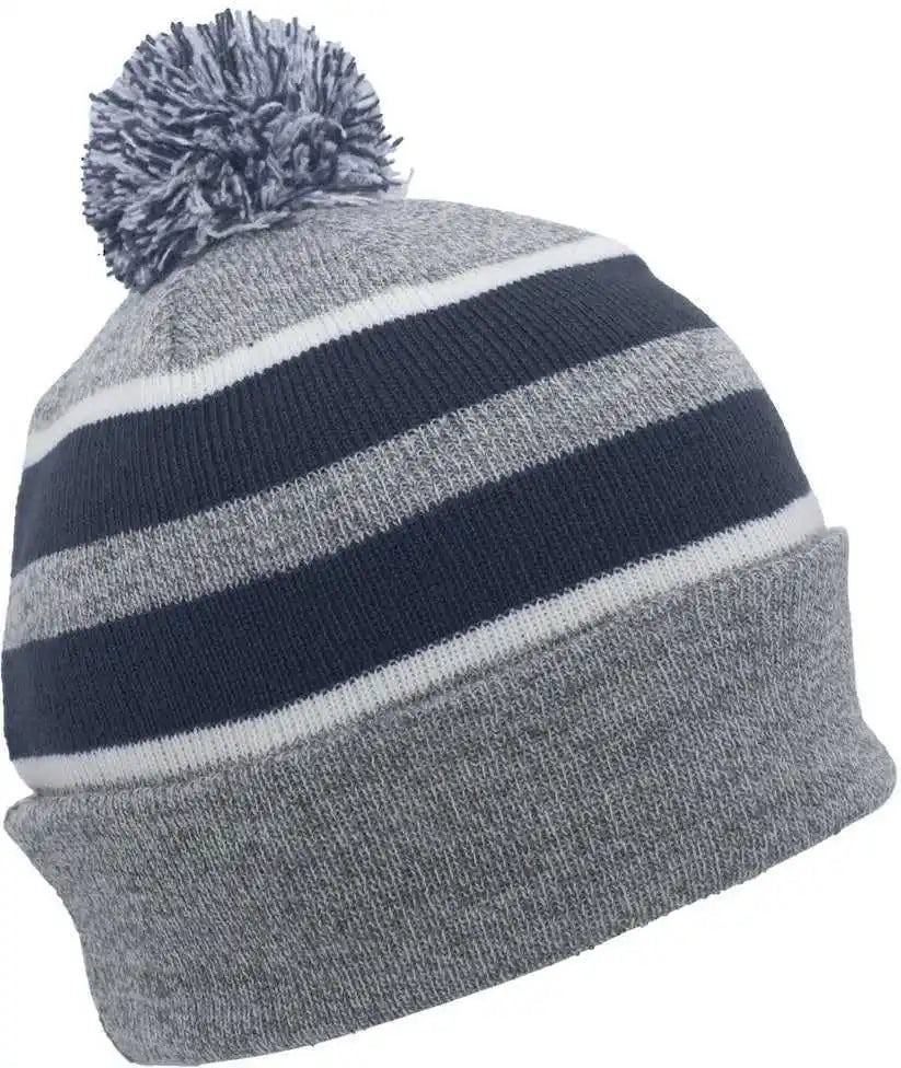Pacific Headwear 641k Pom Cuff Beanie Heather Gray Navy White / 7’’ 7 7/8’’